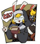 Rating: s
ID: 3297383
Date: 2022-04-24 14:08:56 -0400
Status: active
Score: 11
5_fingers android anthro belt biped black_clothing black_dress black_eyes black_headwear black_shirt black_topwear blonde_hair book brown_clothing brown_headwear clothed clothing colored cybernetic_face dialogue digital_media_(artwork) dress dual_persona english_text eyewear female fingers front_view fully_clothed fur glasses green_background grey_eyes habit hair half-length_portrait headgear headwear hi_res holding_book holding_object humanoid_hands lagomorph leporid looking_at_viewer lowfat machine mammal mech_bun_(niking) monotone_body monotone_fur monotone_hair nun one_eye_closed open_mouth open_smile pawpads pink_inner_ear pink_nose pink_pawpads portrait rabbit robot shaded shirt short_hair simple_background smile solo speech_bubble square_crossover tank_top teeth text tongue topwear white_body white_ears white_fur wink post #3297383