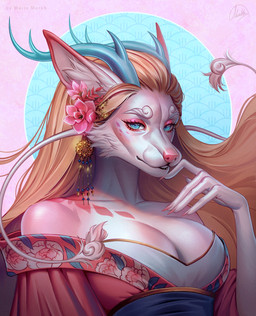 Rating: s
ID: 5657855
Date: 2025-06-21 10:57:11 -0400
Status: active
Score: 24
accessory anthro antlers artist_name blue_antlers blue_eyes bust_portrait canid canine cheek_tuft clothed clothing dragon eyelashes facial_tuft female female_anthro flower flower_in_hair fur gradient_fur hair hair_accessory hi_res horn hybrid long_hair looking_at_viewer mammal marie_merkh mythological_creature mythological_scalie mythology orange_hair pattern_background pink_body pink_fur plant portrait scalie signature simple_background solo text tuft white_body white_fur post #5657855