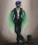 Rating: s
ID: 1731609
Date: 2018-12-10 03:00:35 -0500
Status: active
Score: -1
2013 anthro avian beak belt biped bird black_bottomwear black_clothing black_topwear blue_body blue_feathers blue_hair bottomwear brown_background clothed clothing collared_shirt crossed_legs digital_drawing_(artwork) digital_media_(artwork) dress_shirt eyebrows feathered_wings feathers footwear front_view full-length_portrait fully_clothed green_body green_feathers green_wings hair hand_in_pocket hands_in_both_pockets hat headgear headwear javan_trogon light lighting looking_at_viewer male nyil pants pockets portrait purple_eyes shadow shirt shoes short_hair simple_background smile solo standing top_hat topwear trogon trogonid two_tone_wings vest white_clothing white_topwear winged_arms wings yellow_beak yellow_sclera post #1731609