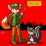 Rating: s
ID: 5353592
Date: 2025-02-05 15:26:40 -0500
Status: active
Score: 4
2021 anthro artist_name biped boots bottomwear canid canine clothing communism dated dialogue digital_drawing_(artwork) digital_media_(artwork) domestic_cat duo edna_(school_days) felid feline felis female feral footwear fox gesture gun hat headgear headwear hybrid krezz_karavan male mammal mephitid military_cap military_uniform politics ranged_weapon red_background salute school_days scotty_kat shoes simple_background skirt skunk smoking speech_bubble tail text uniform weapon post #5353592