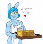 Rating: s
ID: 1085769
Date: 2016-12-22 23:38:44 -0500
Status: active
Score: 11
anthro apron clothing daredemon7000 english_text food hair heart_symbol lagomorph leporid male mammal pancake rabbit relle sketch smile solo standing text post #1085769