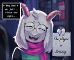 Rating: s
ID: 5636489
Date: 2025-06-11 22:43:06 -0400
Status: active
Score: 180
anthro bovid caprine clothing deltarune english_text eyewear forced_smile fur glasses goat hi_res horn male mammal note paper ralsei robe scarf solo somethinginworl text undertale_(series) white_body white_fur post #5636489