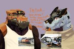 Rating: s
ID: 4315965
Date: 2023-09-26 19:52:15 -0400
Status: active
Score: 23
2023 absurd_res air_horn anthro batrixy bedding belly black_markings blanket blue_markings blue_stripes brown_belly brown_body brown_eyebrows caution_stripes chevron_(marking) clothing diesel-electric_locomotive diesel_locomotive diesel_railcar digital_media_(artwork) digital_painting_(artwork) dragon duo english_text exposed_teeth eyebrows eyewear facial_spikes frown ge_u14c general_electric glasses grey_markings grumpy half-length_portrait headlight hi_res how_to_dragon_your_train hybrid jaw_spikes living_machine living_train living_vehicle locomorph locomotive logo machine male markings meme multicolored_body muscular muscular_anthro muscular_arms muscular_male mythological_creature mythological_scalie mythology number orange_body orange_markings orange_text overbite painting_(artwork) passenger_train philippine_national_railways philippines photo pnr_8000_class portrait profanity pt_inka pupils purple_background railcar red_eyes reference_image reptile scales scalie scowl shirt simple_background sleeveless_shirt spikes spikes_(anatomy) striped_body striped_scales stripes tank_top teeth text topwear train tusks two_tone_body underbite vehicle white_body white_clothing white_eyewear white_glasses white_shirt white_spikes white_tank_top white_topwear yellow_eyes yellow_markings yellow_pupils post #4315965