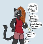 Rating: s
ID: 5377572
Date: 2025-02-16 15:06:39 -0500
Status: active
Score: 13
black_body black_fur bottomwear clipped_ear clothing domestic_cat english_text felid feline felis female food fur giant_food grey_hair hair holding_food holding_object looking_at_viewer mammal muscular shellsist shirt shorts solo speech_bubble tail tank_top text topwear post #5377572