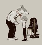 Rating: s
ID: 2638364
Date: 2021-03-03 15:51:53 -0500
Status: active
Score: 65
2019 absurd_res anthro avogado6 canid canine canis claws clothing dressing dressing_partner duo footwear fur grey_body grey_fur grey_hair hair hi_res human larger_anthro male mammal pawpads plantigrade shoes simple_background size_difference smaller_human smile suspenders white_body white_fur wolf post #2638364