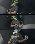 Rating: s
ID: 4314827
Date: 2023-09-26 08:39:45 -0400
Status: active
Score: 42
5_fingers absurd_res anthro attack bloody_d bored clothed clothing comic dragon duo electronics exclamation_point eyewear female fingers flashlight forced fully_clothed glasses glowing glowing_eyes green_eyes grey_eyes grey_horn grin hand_grab hi_res holding_object horn inside kobold looking_at_another male male/female mythological_creature mythological_scalie mythology raised_arm saren_(saren662) scalie security security_guard shirt shocked smile snout_grab spiked_tail spikes spikes_(anatomy) standing_behind surprised_expression tail tidko topwear walkie-talkie wearing_glasses white_body yellow_body post #4314827