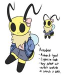 Rating: s
ID: 4888358
Date: 2024-06-30 15:38:16 -0400
Status: active
Score: 43
2022 annabee_(woebeeme) antennae_(anatomy) anthro arthropod arthropod_abdomen bee biped black_eyes bottomwear bow_ribbon bug_fables character_name clothing digital_media_(artwork) english_text eyelashes fan_character female flat_chested hands_in_both_pockets honey_bee hymenopteran insect insect_wings jacket legwear looking_at_viewer model_sheet moonsprout_games neck_tuft profanity simple_background skirt smile solo striped_body stripes text thigh_highs topwear tuft white_background wings woebeeme post #4888358