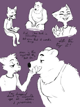 Rating: s
ID: 1621596
Date: 2018-08-08 21:36:03 -0400
Status: active
Score: 16
2018 ambiguous_gender anthro bardeaux bear claws clothed clothing dialogue digital_drawing_(artwork) digital_media_(artwork) domestic_cat duo ellipsis english_text felid feline felis fur hi_res male mammal purple_background sequence simple_background smile text post #1621596