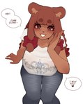 Rating: s
ID: 5070744
Date: 2024-09-24 01:02:46 -0400
Status: active
Score: 113
2024 5_fingers accessory anthro bear beau_(luxurias) bottomwear bow_ribbon brown_bear brown_eyes brown_hair clothed clothing denim denim_bottomwear denim_clothing english_text eyebrow_through_hair eyebrows eyelashes female fingers fully_clothed grizzly_bear hair hair_accessory hair_bow hair_ribbon hi_res jeans kingdom_hearts long_hair looking_at_viewer luxurias mammal pants ribbons shirt simple_background smile smiling_at_viewer solo speech_bubble square_enix talking_to_viewer text text_on_clothing text_on_shirt text_on_topwear topwear translucent translucent_hair ursine white_background post #5070744