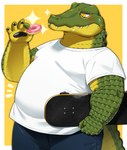 Rating: s
ID: 5550402
Date: 2025-05-05 09:19:24 -0400
Status: active
Score: 18
anthro blush blush_lines bodily_fluids clothing crocodile crocodilian dessert doughnut fangs food hi_res holding_doughnut holding_object holding_skateboard male nikiciy overweight overweight_anthro overweight_male pastry pawpads paws reptile scalie shirt simple_background skateboard solo sweat t-shirt teeth topwear vehicle white_clothing white_shirt white_t-shirt white_topwear yellow_eyes post #5550402