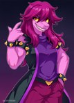 Rating: s
ID: 5653837
Date: 2025-06-19 16:21:50 -0400
Status: active
Score: 43
2025 5_fingers anthro armband artist_name belt bottomwear bracelet clothed clothing deltarune dinosaur eyebrow_through_hair eyebrows eyelashes female fingers fully_clothed hair hand_in_pocket hi_res jacket jewelry liet4649 long_hair looking_at_viewer pants pink_hair pockets prehistoric_species purple_body purple_eyes reptile scalie sharp_teeth shirt smile solo spiked_armband spiked_bracelet spikes susie_(deltarune) tank_top teeth text topwear translucent translucent_hair twitter_handle undertale_(series) yellow_sclera post #5653837