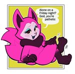 Rating: s
ID: 2870252
Date: 2021-08-08 19:14:22 -0400
Status: active
Score: 76
3_toes alone_on_a_friday_night_(meme) anthro asian_mythology blue_eyeshadow canid canine crossed_legs dialogue east_asian_mythology english_text eyeshadow feet female fox fox_spirit fur gloves_(marking) hindpaw korean_mythology kumiho leg_markings looking_at_viewer makeup mammal mangneto markings mythological_canine mythological_creature mythological_fox mythology neck_tuft nude open_mouth paws pink_body pink_fur sitting socks_(marking) solo speech_bubble talking_to_viewer telemonster text toes tuft yossi post #2870252