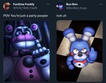 Rating: s
ID: 5650797
Date: 2025-06-18 10:59:23 -0400
Status: active
Score: 38
2023 absurd_res ambiguous_gender angry animatronic anthro bear blue_body blue_eyes blueji bow_tie clothing countershading digital_drawing_(artwork) digital_media_(artwork) duo english_text fake_screencap fingers five_nights_at_freddy's funtime_freddy_(fnafsl) gesture hand_gesture hat headgear headwear hi_res inside lagomorph leporid machine male male_(lore) mammal meme middle_finger pink_body pink_countershading puppet_bonnie_(fnafsl) purple_eyes rabbit reverse_countershading robot robot_anthro scottgames shaded sister_location text top_hat white_body post #5650797