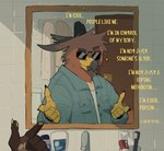 Rating: s
ID: 5589619
Date: 2025-05-21 23:31:53 -0400
Status: active
Score: 23
altered_reflection anthro avian bathroom beak body_dysmorphia brush claws closed_door clothed clothing door duo dustifang english_text eyewear feathers finger_gun first_person_view fur gesture hand_gesture hi_res inner_monologue inside male mirror multiple_persona multiple_personalities personality_swap pointing reflection sink solo sunglasses text thinking toothbrush towel post #5589619