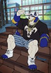 Rating: s
ID: 5408581
Date: 2025-03-02 21:20:23 -0500
Status: active
Score: 14
anthro asian_mythology backwards_baseball_cap backwards_hat baseball_cap beard biceps black_clothing black_shirt black_topwear blonde_beard blonde_facial_hair blonde_sideburns blue_body blue_eyes blue_fur bottomwear canid canine canis chain chain_jewelry chain_necklace city city_background city_skyline cityscape claws clothing cocky cocky_smile east_asian_mythology facial_hair fangs fist fists_clenched flexing flexing_bicep flexing_muscles foo_dog footwear fur gold_(metal) gold_jewelry gold_necklace gold_wristwear grey_bottomwear grey_clothing grey_shorts hat headgear headwear hi_res jewelry jinougax_(artist) lock looking_at_viewer male mammal manly multicolored_body multicolored_fur muscular muscular_anthro muscular_male mythology necklace padlock padlock_necklace pinstripe_bottomwear pinstripe_clothing pinstripes plant pose railing shirt shoes shorts showing_off_muscles sideburns sitting sitting_on_stairs solo stairs stripe_pattern tail teeth thick_arms topwear tree two_tone_body two_tone_fur white_baseball_cap white_cap white_clothing white_footwear white_hat white_headwear white_shoes wolf wristband post #5408581