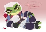 Rating: s
ID: 4379415
Date: 2023-10-28 15:06:04 -0400
Status: active
Score: 67
2023 4_fingers 4_toes :3 absurd_res amphibian anthro assassin's_creed bedroom_eyes blush bobbypills bullfrog_(captain_laserhawk) captain_laserhawk:_a_blood_dragon_remix clothing coat dialogue ennimage eyebrows eyelashes feet fingerless_gloves fingers flower flower_in_mouth footwear french_text frog gloves green_body green_skin handwear hi_res hood hood_up horizontal_pupils looking_at_viewer lying male narrowed_eyes odalisque on_side petals plant pupils rose_(flower) rose_in_mouth rose_petals seductive shin_guards smile solo text thick_eyebrows thick_eyelashes toeless_footwear toes topwear ubisoft wrist_guards yellow_eyes post #4379415