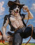 Rating: s
ID: 5658276
Date: 2025-06-21 14:28:40 -0400
Status: active
Score: 17
abs anthro belt black_body black_fur border_collie bottomwear canid canine canis chain_necklace clothed clothing cloud collie cowboy cowboy_hat creeps denim denim_bottomwear denim_clothing domestic_dog front_view fur hat headgear headwear herding_dog hi_res jeans jewelry lasso looking_at_viewer male mammal muscular muscular_anthro muscular_male necklace open_clothing open_topwear open_vest orange_eyes outside painting_(artwork) pants pastoral_dog rope sheepdog sky solo tongue tongue_out topwear traditional_painting_(artwork) vest white_body white_fur post #5658276