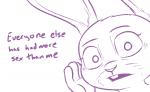 Rating: s
ID: 1770781
Date: 2019-01-20 13:15:56 -0500
Status: active
Score: 36
2016 anthro buckteeth dialogue disney english_text everyone_else_has_had_more_sex_than_me female judy_hopps lagomorph leporid looking_at_viewer mammal monochrome purple_and_white rabbit simple_background solo talking_to_viewer teeth text tggeko tism white_background zootopia post #1770781