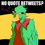 Rating: s
ID: 3891884
Date: 2023-02-23 23:08:19 -0500
Status: active
Score: 14
1:1 ambiguous_gender anthro avian beak bird clothing feathered_wings featherfall feathers green_body green_eyes green_feathers hi_res humor impact_(font) meme parrot quote_retweets_bird red_clothing simple_background solo text wings yellow_beak post #3891884