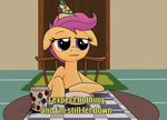 Rating: s
ID: 5273722
Date: 2024-12-29 10:43:25 -0500
Status: active
Score: 15
chair clothing container cup cutlery dialogue english_text equid equine female fork friendship_is_magic furniture hair hasbro hat headgear headwear horse inside kitchen_utensils malcolm_in_the_middle mammal my_little_pony open_mouth party_hat plate pony purple_eyes purple_hair scootaloo_(mlp) sitting solo table text tools unknown_artist yellow_body post #5273722