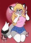 Rating: s
ID: 5627574
Date: 2025-06-07 21:28:25 -0400
Status: active
Score: 6
anthro black_markings blonde_hair bottomwear canid canine cheek_tuft clothing facial_tuft female food fox fur grey_body grey_fur hair half-closed_eyes herm_(lore) hi_res jelly_(food) kneeling knife legwear licking licking_lips mammal markings miniskirt moucchiato narrowed_eyes pocket_knife red_background shirt simple_background skirt smile solo stockings tank_top tongue tongue_out topwear tuft white_body white_fur post #5627574