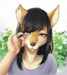 2018 5_fingers accessory ambiguous_gender anthro arika_(sierraex) avablanched bangs black_hair black_nose blind_eye burn_scar canid canine caressing clothed clothing collarbone daww day depth_of_field detailed_background duo facial_scar female fingers first_person_view fur glistening glistening_eyes glistening_hair glistening_nose grey_eyes hair hair_accessory hairclip hand_on_face heterochromia human human_on_anthro interspecies lens_flare light lighting long_hair looking_at_viewer mammal multicolored_body multicolored_fur orange_eyes outside scar slim smile snout straight_hair swept_bangs two_tone_body two_tone_fur
