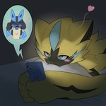 Rating: s
ID: 4766014
Date: 2024-05-06 11:47:33 -0400
Status: active
Score: 81
1:1 4_fingers anthro arm_markings bed bedding bedroom biped black_body black_fur blue_body blue_eyes blue_fur blue_smartphone blush canid canine cellphone dark_room daww digital_media_(artwork) duo electronics eyes_closed felid feline fingers fur fur_markings furniture generation_4_pokemon generation_7_pokemon heart_symbol herschel hi_res holding_cellphone holding_object holding_phone holding_smartphone image_bubble inside legendary_pokemon light looking_at_object looking_at_phone love lucario lust lying lying_on_bed mammal markings nintendo on_bed on_front open_mouth pawprint_pattern paws phone pokemon pokemon_(species) smartphone tail texting white_bedding yellow_body yellow_fur zeraora post #4766014