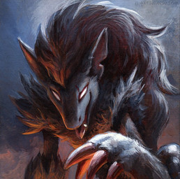 2018 ambiguous_gender anthro biped black_body black_fur canid claws fur generation_5_pokemon kenket mammal nintendo no_pupils open_mouth pokemon pokemon_(species) red_body red_fur sharp_teeth solo teeth tongue tongue_out traditional_media_(artwork) white_eyes zoroark