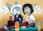 Rating: s
ID: 2881023
Date: 2021-08-15 17:30:16 -0400
Status: active
Score: 13
2018 anthro black_hair blue_body blue_eyes blue_scales bottle breasts container controller cyana_(code-blocker) dialogue digital_media_(artwork) domestic_cat duo english_text feet felid feline felis female fish fur grey_body grey_fur hair male mammal marine multicolored_body multicolored_scales pillow remote_control sandwich-anomaly scales scar shark sharp_teeth simple_background simple_eyes sitting smile snacks teeth text toes tongue van_(sandwich-anomaly) white_body white_hair white_scales post #2881023