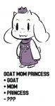 anthro barefoot biped blush boss_monster_(undertale) bovid caprine chibi clothing crown digital_media_(artwork) english_text fangs feet female fur goat_princess headgear horn mammal microsoft_paint_(artwork) smile solo style_emulation teeth text toriel towergirls undertale undertale_(series) unknown_artist white_body white_fur