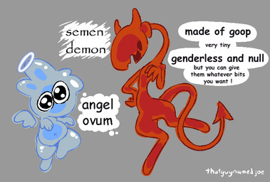 Rating: s
ID: 5619957
Date: 2025-06-04 03:04:13 -0400
Status: active
Score: 45
ambiguous_gender angel anthro belly black_eyes blue_body clip_studio_paint_(artwork) cum_creature demon digital_media_(artwork) duo english_text eyeless grey_background halo hi_res horn mouthless navel ovum ovum_creature ovum_with_face rabbit_ears red_body serpentine simple_background spade_tail sperm_cell sperm_cell_with_face tail text thatguynamedjoe toony translucent translucent_body x_navel post #5619957