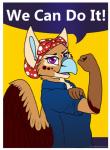 Rating: s
ID: 1443164
Date: 2018-01-31 18:50:53 -0500
Status: active
Score: 13
anthro avian beak blue_beak border brown_body brown_feathers clothed clothing dialogue english_text feathers female gryphon hat headgear headwear looking_at_viewer mazzy_techna motivational_poster mythological_avian mythological_creature mythology purple_eyes red_body red_feathers rosie_the_riveter singingbirdstudio solo text we_can_do_it! white_border wings post #1443164