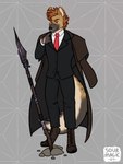 Rating: s
ID: 5559962
Date: 2025-05-09 13:02:53 -0400
Status: active
Score: 3
ankh_ark'al anthro boots brown_body brown_fur clothing collared_shirt dress_shirt footwear fur gnoll hair hyena male mammal necktie orange_hair scar shirt shoes solo sourmagic spots suit tan_body tan_fur topwear weapon well_dressed post #5559962