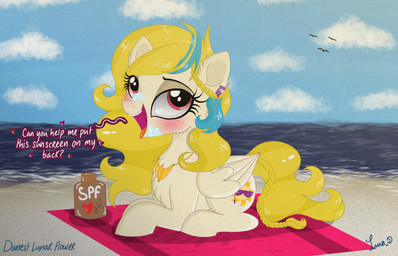 Rating: s
ID: 2079181
Date: 2019-12-09 15:40:32 -0500
Status: active
Score: 5
14:9 2019 absurd_res avian beach bird blonde_hair blush braided_hair darkest-lunar-flower detailed_background dialogue disguise english_text equid equine female friendship_is_magic golden_feather_(mlp) hair hasbro heart_symbol hi_res jewelry mammal my_little_pony mythological_creature mythological_equine mythology necklace outside pegasus princess_celestia_(mlp) purple_eyes sea seaside solo sunscreen text tongue towel water wings post #2079181