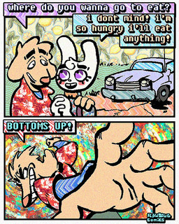Rating: s
ID: 5709787
Date: 2025-07-15 03:11:13 -0400
Status: active
Score: 21
2_panel_comic 4:5 aloha_shirt anthro bingus_(rawdawgcomics) bird_dog bow_tie canid canine canis cheek_spots clothing comic dialogue domestic_cat domestic_dog duo english_text felid feline felis floppy_ears fur golden_retriever half-closed_eyes hi_res humor hunting_dog imminent_punch lagomorph leporid male mammal narrowed_eyes open_mouth open_smile overalls pattern_clothing pattern_shirt pattern_topwear rabbit rawdawgcomics retriever shirt smile smirk smug smug_face smug_grin speech_bubble stahli_(rawdawgcomics) teeth text tooth_gap topwear white_body white_fur wide_eyed yellow_body yellow_fur post #5709787