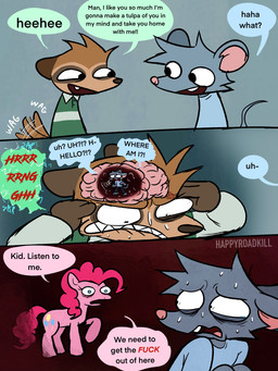 Rating: s
ID: 5661067
Date: 2025-06-22 17:49:51 -0400
Status: active
Score: 117
3:4 3_panel_comic bodily_fluids brain brown_hair cheek_tuft clenched_teeth clothing comic cutie_mark dialogue english_text equid equine facial_tuft feral friendship_is_magic fur greeting grey_body grey_fur group hair half-closed_eyes happyroadkill hasbro hi_res horse humor mammal milo_mouse my_little_pony narrowed_eyes nervous open_mouth open_smile organs pink_body pink_fur pink_hair pink_skin pinkie_pie_(mlp) pony profanity sharp_teeth shirt smile speech_bubble surrealism sweat sweatdrop t-shirt tail tail_motion tailwag tan_body tan_fur teeth text topwear trio tuft tulpa post #5661067