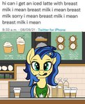 Rating: s
ID: 2955120
Date: 2021-10-01 22:53:16 -0400
Status: active
Score: 55
apron apron_only blue_hair clothing coffee_shop counter dialogue_box english_text equid equine fan_character female freckles green_apron green_clothing green_eyes hair hasbro hi_res horse i_mean_breast_milk mammal marker meme milky_way_(flash_equestria) mostly_nude my_little_pony number pony repeated_text solo starbucks sufficient_(artist) text time timestamp writing_utensil post #2955120