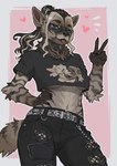 Rating: s
ID: 5600765
Date: 2025-05-26 20:23:07 -0400
Status: active
Score: 82
absurd_res alternative_fashion anthro border breasts digit_ring eyewear facial_piercing female finger_ring gesture glasses goth hand_gesture hand_on_hip hand_on_own_hip heart_symbol hi_res hyena jewelry mammal nose_piercing piercing pink_background ring_(jewelry) septum_piercing simple_background solo starlyve starlyve_(herself) striped_hyena tail tongue tongue_out under_boob underboob_cutout v_sign white_border post #5600765