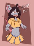 Rating: s
ID: 3415859
Date: 2022-06-28 00:45:19 -0400
Status: active
Score: 57
3:4 5_fingers absurd_res anthro bar_emanata bottomwear brown_hair clothed clothing clothing_cord cropped_hoodie dialogue drawstring drawstring_topwear emanata english_text exclamation_point female fingers fully_clothed fur geometric_background grey_body grey_fur hair half-length_portrait hi_res hoodie inner_ear_fluff mammal midriff motion_lines motion_outline murid murine navel open_mouth orange_eyes path_lines pink_body portrait rat rodent simple_background skirt solo text the_man topwear tuft yelling post #3415859