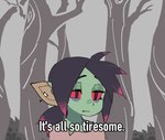 Rating: s
ID: 3697840
Date: 2022-11-18 00:52:02 -0500
Status: active
Score: 92
black_hair clothed clothing digital_media_(artwork) ear_piercing english_text eye_bags female forest gobbo_(kooni) goblin green_body green_skin hair half-closed_eyes hi_res highlights_(coloring) humanoid humanoid_pointy_ears kooni mammal narrowed_eyes not_furry outside piercing plant pointy_ears pupils red_highlights red_sclera slit_pupils solo text topwear tree post #3697840
