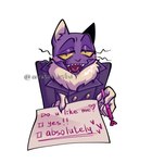 Rating: s
ID: 4856951
Date: 2024-06-16 10:39:27 -0400
Status: active
Score: 38
2023 5_fingers anthro arratoi black_eyes blush blush_lines chest_tuft clothing colored domestic_cat english_text exclamation_point eyebrows fangs fear_and_hunger felid feline felis fingers gloves handwear heart_nose heart_symbol hi_res holding_object holding_pen holding_sign jacket looking_at_viewer male mammal multiple_choice open_mouth pen pocketcat_(fear_&_hunger) pupils purple_body purple_clothing purple_jacket purple_nose purple_topwear question_mark shaded sharp_teeth sign signature simple_background slit_pupils smile smiling_at_viewer solo teeth text tongue_heart topwear tuft watermark whiskers white_background white_clothing white_gloves white_handwear white_inner_ear white_tuft yellow_sclera post #4856951