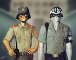 Rating: s
ID: 4131133
Date: 2023-06-24 22:09:08 -0400
Status: active
Score: 102
anthro armor clothing digital_media_(artwork) duo electronics fanteliscio felid feline fur gun handgun headgear helmet hi_res korean korean_text male mammal military_clothing military_helmet military_police military_uniform north_korea pistol police radio ranged_weapon simple_background south_korea text uniform walkie-talkie weapon whiskers post #4131133