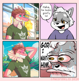 Rating: s
ID: 5689214
Date: 2025-07-06 02:00:56 -0400
Status: active
Score: 34
2025 anthro biped black_nose bodily_fluids brown_hair canid canine canis canis_(canisfidelis) canisfidelis cavemanon_studios clothed clothing comic countershade_arms countershade_face countershade_torso countershading damien_payne day dialogue dilophosaurid dilophosaurus dinosaur domestic_dog english_text eyebrows frill_(anatomy) green_body grin hair head_crest head_frill hybrid i_wani_hug_that_gator male mammal membrane_(anatomy) membranous_frill multicolored_body neck_frill open_mouth outside prehistoric_species pupils reptile scalie sharp_teeth shiba_inu shirt short_hair slit_pupils smile solo speech_bubble spinosaurid spinosaurus spitz standing sweat tan_body tan_countershading teeth text theropod tongue topwear two_tone_body white_hair post #5689214