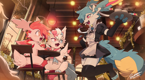 Rating: s
ID: 5685362
Date: 2025-07-04 05:35:06 -0400
Status: active
Score: 121
2025 ambiguous_gender anthro aquafresh_(sylve0n) armwear balancing beverage biped black_armwear black_clothing black_legwear black_thigh_highs blue_body blue_fur blush blush_lines bottomless bow_tie brick_wall cafe chair cheek_tuft cherry_(sylve0n) clothed clothing container cup digital_drawing_(artwork) digital_media_(artwork) eeveelution facial_tuft fangs female femboy fluffy fluffy_tail freckles fur furniture generation_1_pokemon generation_4_pokemon generation_6_pokemon group hair heterochromia hi_res holding_object hot_beverage inside lamp legendary_pokemon legwear maid_cafe maid_uniform male markings multicolored_body multicolored_fur multicolored_hair nintendo nude offscreen_character one_leg_up open_mouth pink_body pink_fur pink_hair plant pokemon pokemon_(species) raised_leg ribbons scarf shaymin sitting sky_forme_shaymin smile sourbeefio sylve0n_(user) sylveon table tail tan_body tan_fur teeth thigh_highs tray tricolor_fur trio tuft uniform vulpix wall_(structure) white_body white_fur window post #5685362