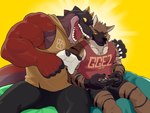 Rating: s
ID: 5467192
Date: 2025-03-30 21:52:27 -0400
Status: active
Score: 23
anthro bean_bag black_body black_fur black_scales bottomwear brown_body brown_fur bruce_(undefeated) catn1p claws clothing controller countershading dinosaur duo frown fur game_controller gloves_(marking) grumpy hi_res horn hyena male mammal markings microsoft prehistoric_species red_body red_clothing red_eyes red_scales redline_(undefeated) reptile scales scalie shirt shorts side_hug smile striped_body striped_fur striped_markings stripes tank_top teeth teeth_showing text text_on_clothing topwear undefeated xbox xbox_controller xbox_game_studios yellow_clothing yellow_sclera post #5467192