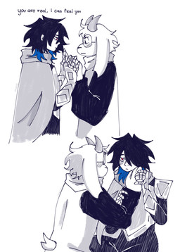 Rating: s
ID: 5675875
Date: 2025-06-29 16:52:29 -0400
Status: active
Score: 16
ambiguous_gender anthro blush bovid caprine deltarune duo embarrassed english_text eyewear glasses goat hair hair_over_eye hand_holding hi_res human junoplanet kris_(deltarune) male mammal ralsei text undertale_(series) post #5675875