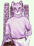 Rating: s
ID: 5542543
Date: 2025-05-01 19:04:25 -0400
Status: active
Score: 6
2023 3:4 666calistaxx_(artist) anthro belt black_eyebrows black_nose clothed clothed_anthro clothed_male clothing digital_drawing_(artwork) digital_media_(artwork) domestic_cat dominic_drago eyebrows eyewear felid feline felis fully_clothed fully_clothed_anthro fully_clothed_male fur geometric_background glasses hand_in_pocket hi_res holding_clothing holding_object lackadaisy looking_at_viewer male male_anthro mammal monochrome pockets simple_background smile solo sweater topwear wearing_glasses post #5542543
