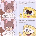 Rating: s
ID: 4343549
Date: 2023-10-10 00:54:08 -0400
Status: active
Score: 160
1:1 2023 4_panel_comic anthro blue_eyes bodily_fluids border brown_body brown_fur buckteeth candynightmare clothed clothing comic countershading dialogue digital_media_(artwork) duo eastern_grey_squirrel english_text eye_bags eyelashes eyes_closed female flower_accessory for_the_better_right? freckles fur gesture grey_squirrel half-closed_eyes hand_gesture happy hi_res humor innuendo joke male mammal marine meme narrowed_eyes nervous_smile nickelodeon open_mouth open_smile pie_cut_eyes pointing pointing_at_another red_border rodent sandy_cheeks sandy_cheeks_cock_vore_(meme) scared sciurid sea_sponge shaking simple_background smile smirk smug spacesuit spongebob_squarepants spongebob_squarepants_(character) sweat teeth text tree_squirrel yellow_body yes-no_question post #4343549