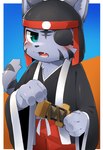 Rating: s
ID: 5577676
Date: 2025-05-16 22:05:30 -0400
Status: active
Score: 11
2025 4_fingers absurd_res anthro asian_clothing bemani black_clothing black_eye_patch black_eyewear black_kimono blue_background blush border bottomwear clothing east_asian_clothing eye_patch eyewear fangs felid fingers fur green_eyes grey_body grey_fur headdress hi_res japanese_clothing japanese_description kagetora_(pop'n_music) kemokemo02091 kimono konami looking_at_viewer male mammal melee_weapon open_mouth orange_background pantherine pants pop'n_music red_bottomwear red_clothing red_pants serious simple_background solo sword tail teeth tiger weapon white_border young young_anthro young_male post #5577676