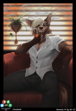 Rating: s
ID: 1612632
Date: 2018-07-30 00:56:05 -0400
Status: active
Score: 8
azaleesh bottomwear canid canine cigar clothed clothing denim denim_bottomwear denim_clothing digital_media_(artwork) hi_res jeans looking_at_viewer mammal nemesis pants plant plant_pot portrait potted_plant sitting smoking solo three-quarter_portrait post #1612632